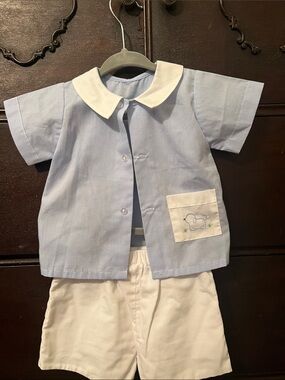 Remember Nguyen Light Blue & White Baby Shirt and Shorts Set w Puppy Embroidery